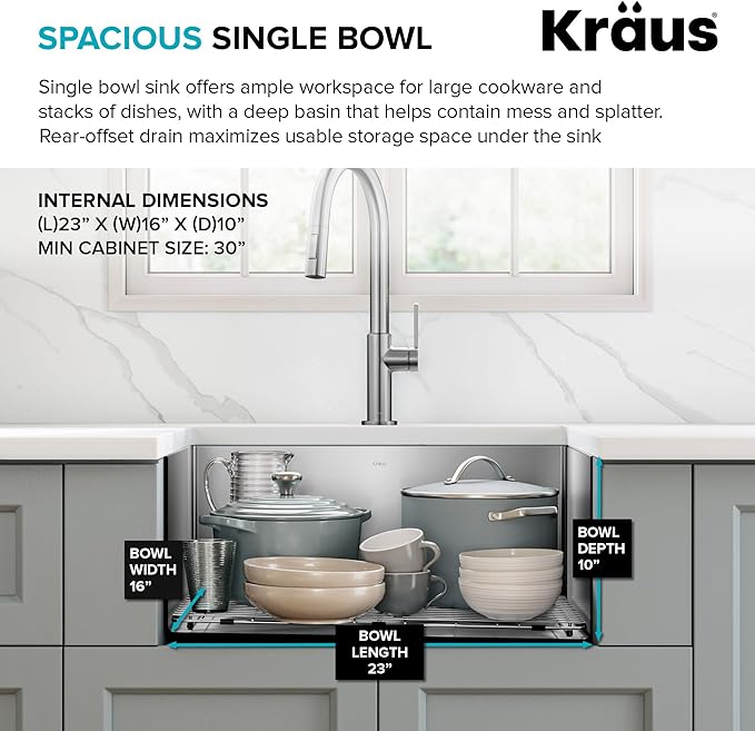 Kraus KHU111-25 Standart PRO 16 Gauge Undermount Single Bowl Stainless Steel Kitchen Sink, 25 Inch