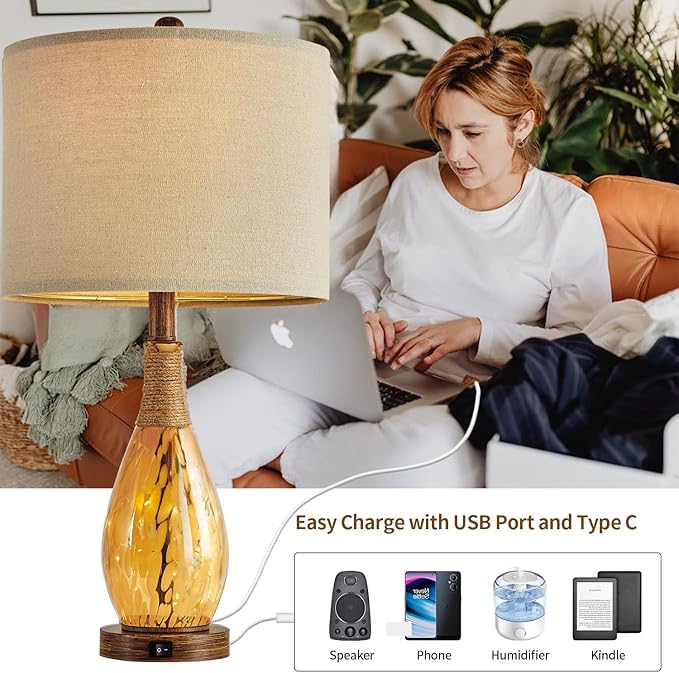 OYEARS 23" USB A+C Table Lamp for Bedroom Living Room Modern Bedside Lamps Retro Farmhouse Rattan Glass Nightstand Nightlight Lamps (Amber),Two Light Points