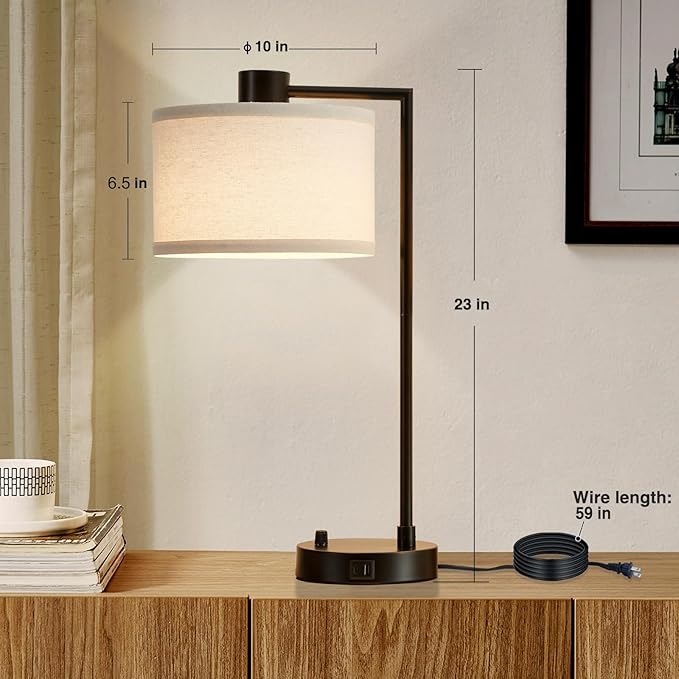 Luvkczc Table Lamp for Bedroom Set of 2 with USB C+A Ports, Fully Stepless Dimmable Bedside Lamp with Linen Lampshade, Contemporary Lamp for Living Room Reading Office, 2 LED Bulbs Included (Black)