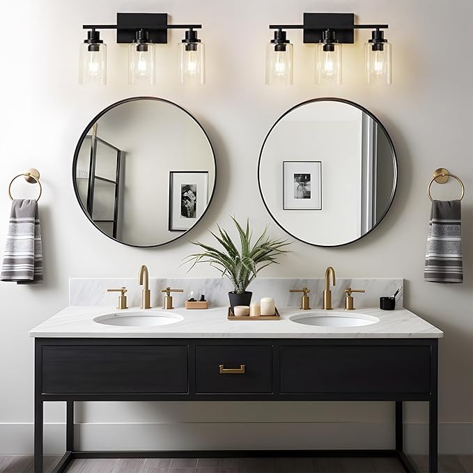 3 Light Bathroom Light Fixtures Black Vanity Light Over Mirror Modern Farmhouse Wall Lighting Sconces Rustic Industrial Wall Lamp for Bathroom, Bedroom, Living Room E26 Socket with Glass Shade
