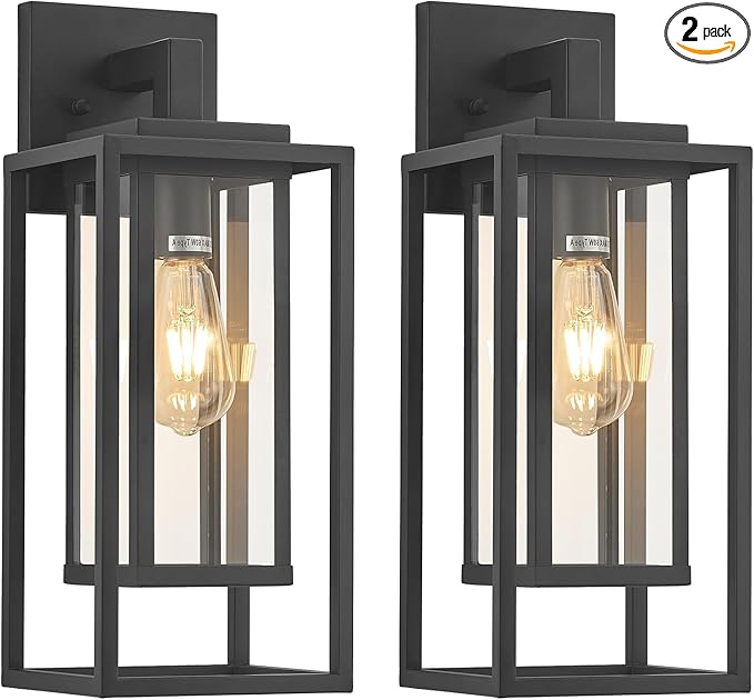18" Outdoor Wall Light Fixtures Waterproofed Exterior Lantern W/Sturdy Rectangular Double Cage In Satin Black&Clear Tempered Glass,Sconce Mounted For House Patio,Front door,Porch,Garage Lighting 2Pack