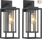 18" Outdoor Wall Light Fixtures Waterproofed Exterior Lantern W/Sturdy Rectangular Double Cage In Satin Black&Clear Tempered Glass,Sconce Mounted For House Patio,Front door,Porch,Garage Lighting 2Pack