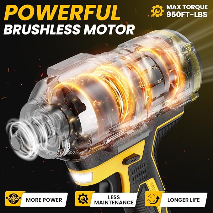 Cordless Impact Wrench 1/2 inch for DeWalt 20v Battery, Impact Wrench 950Ft-lbs High Torque Brushless Electric Impact Gun, Power Impact Driver with 3-Mode Speed, LED Work Light(no battery)