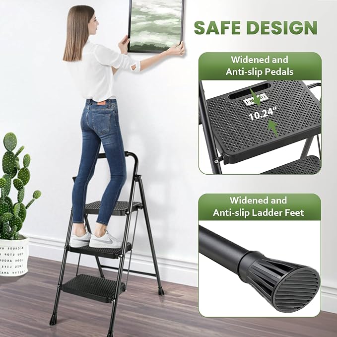 3 Step Ladder, Folding Step Stool 500 Lbs Capacity for Adults & Kids, Heavy Duty Steel Sturdy Step Ladder with Non Slip Wide Pedals, Space Saving Step Stool for Home Kitchen Office Library, Black