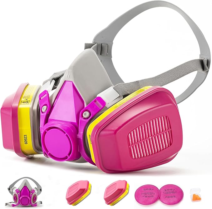 RANKSING Respirator Mask with Filters and Glasses to Against Dust Gases Fumes in Painting Spraying Sanding Orange/Pink