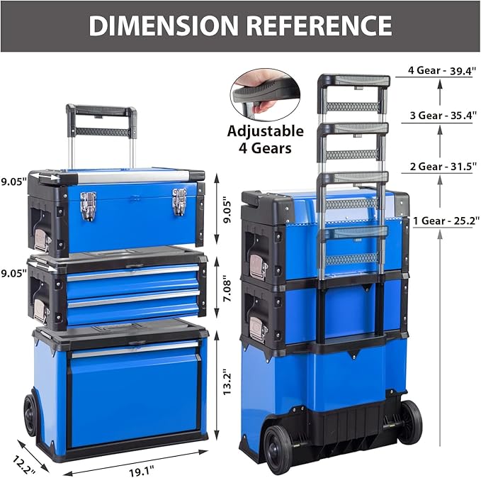 BIG RED Stackable Rolling Tool Box Portable Metal Toolbox Organizer,Separate Rolling Upright Trolley Tool Chest with Wheels and 2 Drawers for Garage/Workshop,ATRJF-C305ABDU,19.1"L x 12.2"W x 30"H,Blue