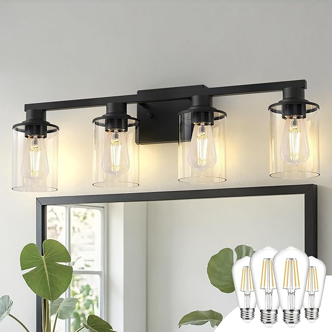 DORESshop Bathroom Light Fixtures, 4-Light Black Bathroom Lighting Fixtures Over Mirror with Glass Shade, Modern Vanity Lights for Hallway Bedroom, Includes Bulbs