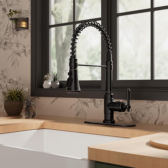 FORIOUS Antique Kitchen Faucet with Pull Down Sprayer, Oil Rubber Brown, High Arc Single Handle Vintage Spring Sink Faucet 1 or 3 Hole for Pot Filler, Farmhouse Camper Laundry Camper