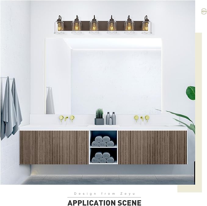 zeyu 44 Inch Farmhouse Bathroom Vanity Lights, 6-Light Bathroom Light Fixtures with Clear Glass Shade, Oil Rubbed Bronze Finish, ZSL72B-6W ORB