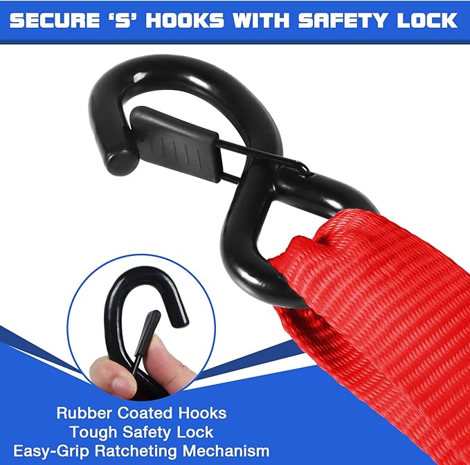 Heavy Duty Ratchet Straps for Trucks 4 PK 4400 LB 1.5" X15'Hold Containers Boat Tie Down Straps for Cargo/Pickup Truck Bed Toolbox Belt Accessories,Moving Furniture,Roof Rack Kayak Load Strap Red