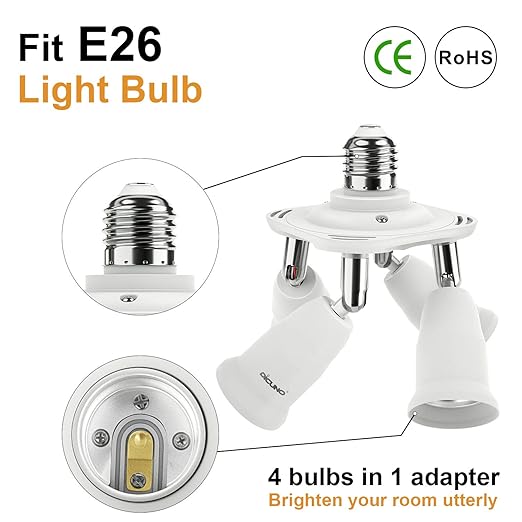 DiCUNO 4 in 1 E26 Light Socket Splitter Adapter, Standard Base LED Bulbs Converter, 360 Degrees Adjustable 180 Degree Bending, 4 Way Bulbs Socket Holder