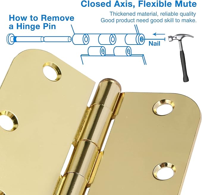 6 Pack Rounded Door Hinges 3.5 inch X 3-1/2" 5/8 Radius, Polished Brass 3 ½ Inch Gold Interior Standard Hinge for Bedroom Wood/French Style Clear Glass Doors Easy Install Hardware Decor Accessories