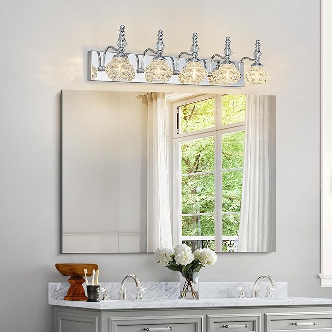 Modern Glass Crystal Vanity Light - Vintage Bathroom Lighting Fixtures Over Mirror, 5 Light Vanity Lights, G9 Bulb (35.43 Inch, Chrome)