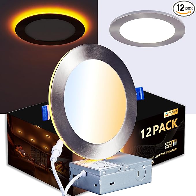 CycevSun Brushed Nickel Recessed Lighting 6 Inch with Night Light 12 Pack, Canless Ultra Thin Wafer Downlight Outdoor Exterior Soffit, Dimmable & 5CCT Selectable, 12W, ETL & Energy Star