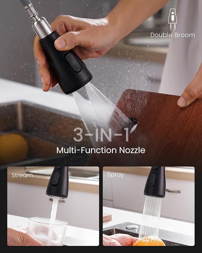 APPASO 2 Hole Kitchen Faucet, 3 Modes Matte Black Kitchen Faucet with Pull Down Sprayer, High Arch Kitchen Sink Faucet with Side Single Handle 2 Pieces