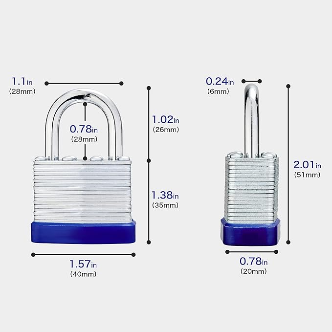 Lock Outdoor Padlocks, Laminated keyed Padlock, 1-9/16 in Wide Body, Padlock Set with Keys (12Pack)