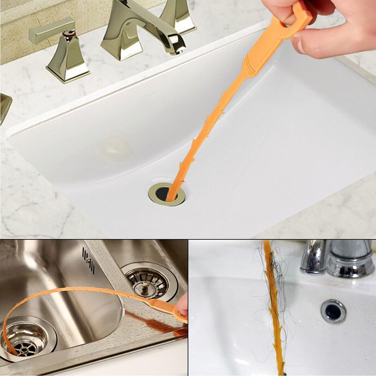 Omont 6 Pack Drain Hair Remover, 24 Inch Flexible Sink Snake Tool for Clogged Pipes and Tubes, Orange Drain Cleaner