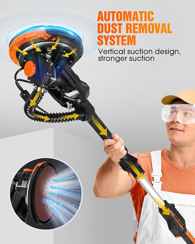 Electric Drywall Sander with Vacuum Dust Collection, Variable Speed, LED Light, Foldable Handle, Sanding Discs & Grids