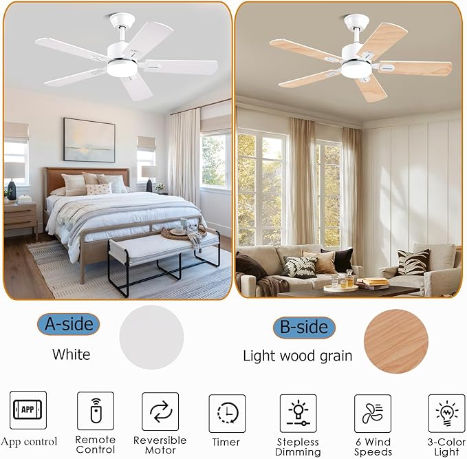 42 inch Modern White Ceiling Fans with Lights APP/Remote Control, Low Profile Reversible 6 Speeds Ceiling Fan Light for Indoor/Outdoor Patio Bedroom Living Room