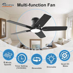42 Inch Black Ceiling Fans with Lights and Remote, Flush Mount Low Profile Ceiling Fan for Bedroom, Living Room, Patio, Dimmable 6 Speeds Noiseless Reversible, ETL Listed