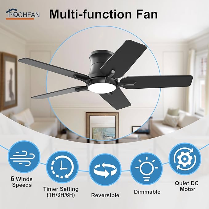 42 Inch Black Ceiling Fans with Lights and Remote, Flush Mount Low Profile Ceiling Fan for Bedroom, Living Room, Patio, Dimmable 6 Speeds Noiseless Reversible, ETL Listed