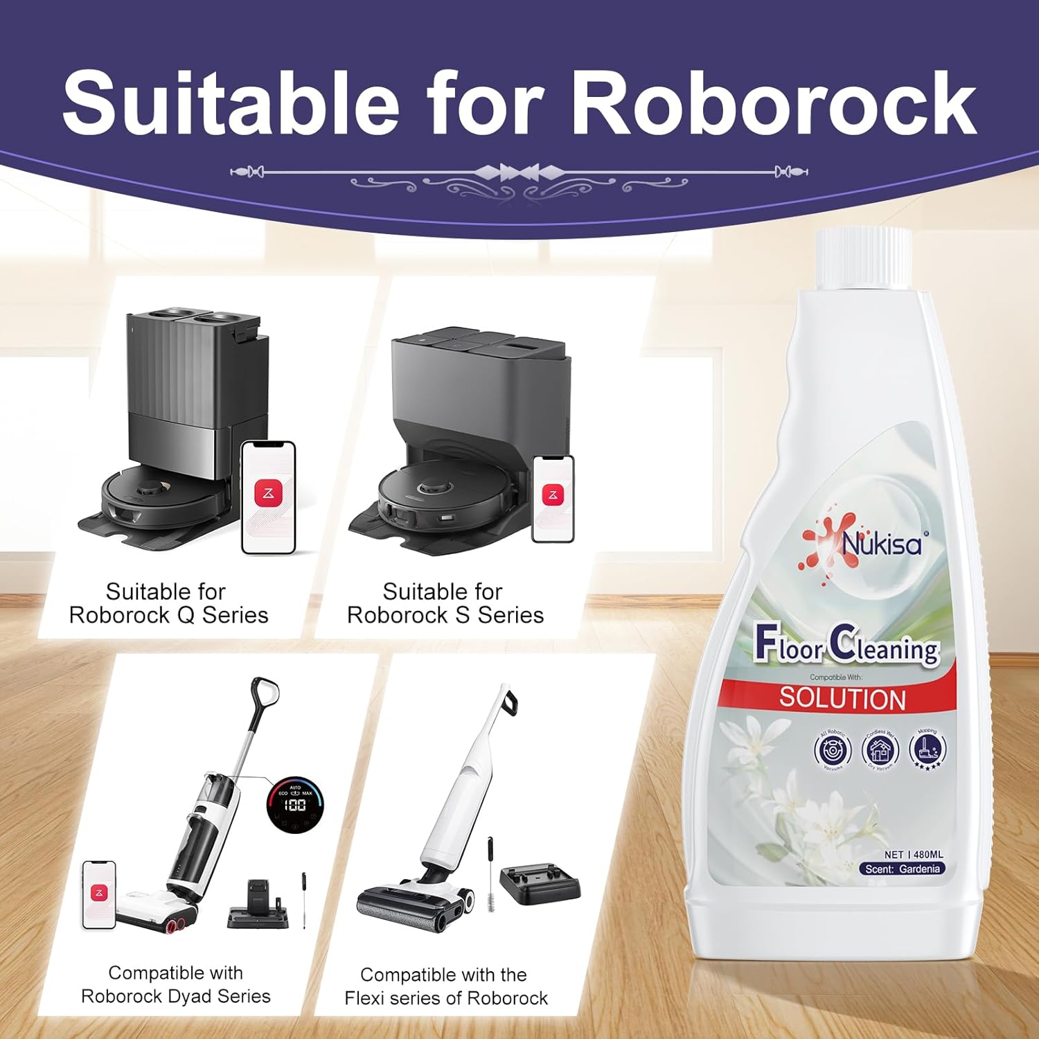 Gardenia Scent Floor Cleaning Solution Compatible With Roborock Robot Vacuum And Mop Cleaner， Deep Cleans For Multiple Hard Floors, Suitable With All Robot Vacuums With Mopping (1)
