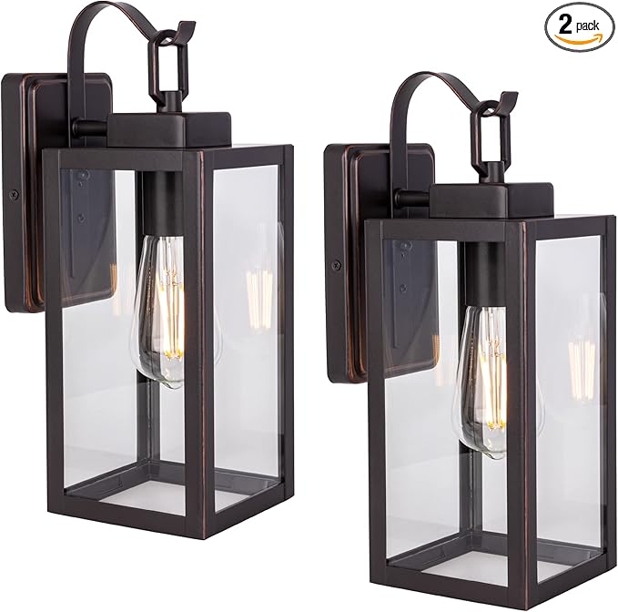 LIT-PaTH Outdoor Wall Lantern, Wall Sconce as Porch Lighting Fixture, E26 Medium Base Max 60W, Anti-Rust Metal with Glass Shade, Oil Rubbed Bronze Finish, 2-Pack