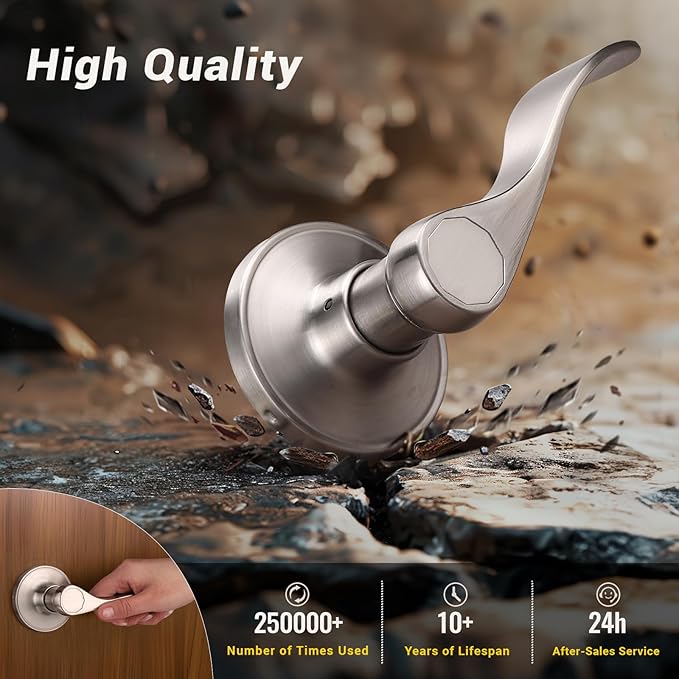 Knobonly 5 Pack Satin Nickel Pasage Door Levers Interior Door Handles for Hallyway andCloset Door Knobs Keyless Nickel Door Handles with Lock, Zinc Alloy Reversible for Right/Left