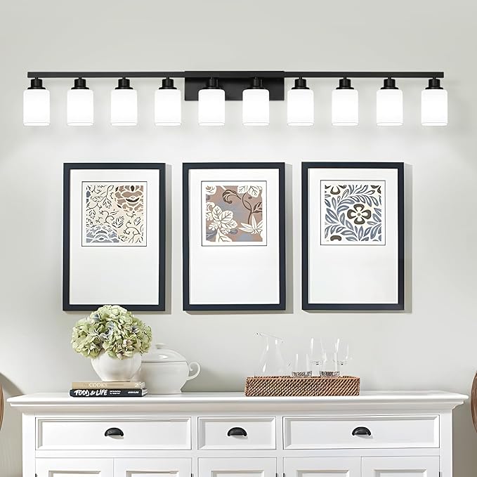 10-Light Bathroom Vanity Light,Modern Matte Black Bathroom Light Fixtures with Square Frosted Glass,64.5in Wall Sconces Over Mirror Restroom,Living Room Hallway E26