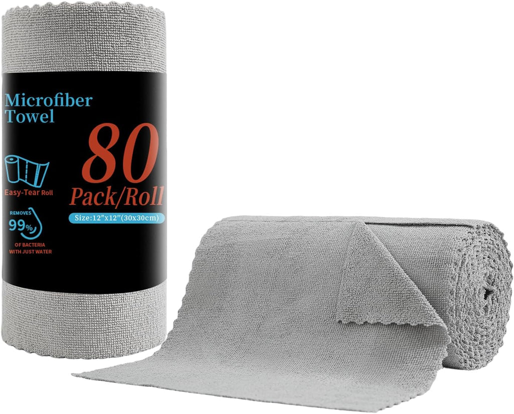 80 Pack Microfiber Cleaning Cloth Roll,Lint Free Rags & Tear Away Reusable Towels Washable Scratch,Ultra Absorbent Dish Rags(12" x 12") for Car Kitchen Home Garage-Light Gray