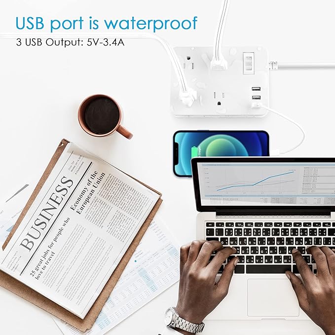 Jgstkcity Outdoor Waterproof Power Strip, 4 Flat Plug Outlets and 3 USB Ports, Mountable Weatherproof Surge Protector, Multi Outlet Extension for Camping, Garden, Kitchen, Bathroom, 6ft Cord (White)