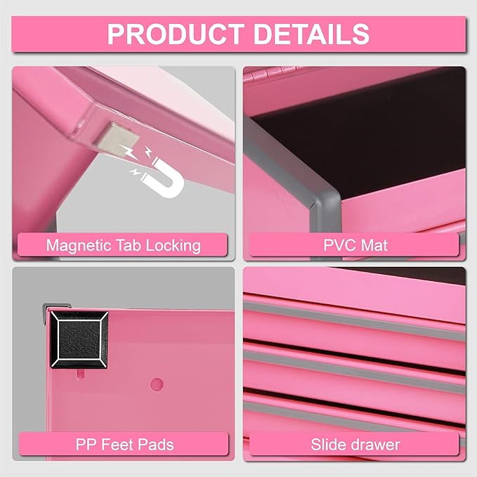 P.I.T. Mini Pink Tool Box, Portable 3 Drawer Steel Stackable Tool Box with Magnetic Tab Locking, Pink Micro Top Chest with Liner for Tools Storage and Organizers, Home DIY