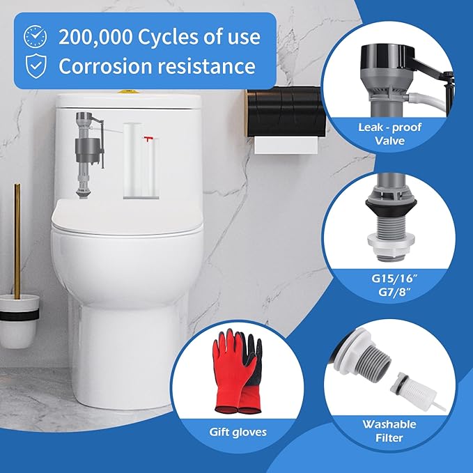 16 Pieces Adjustable Toilet Fill Valve Replacement Kit with Gloves, Quiet Toilet Flush Valve for Tank and Bowl, Universal Toilet Valve Replacement Set (8–13 in, G15/16")