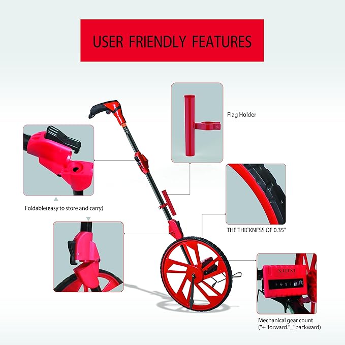 Distance Measuring Wheel in feet,Measure Wheel,Collapsible Rolling Measurement Wheel,12.5”Diameter Wheel,With One key to Zero,Upgrade Flag Holder,With 10 Survey Flags(Red）