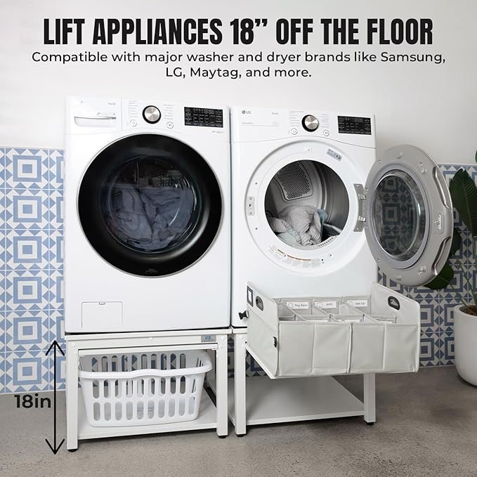 Washer and Dryer Pedestals with Pullout-Shelf - 29" W, 18" H, White Steel Universal Fit with Major Brands | Laundry Pedestal with Drain Pan & Hose | Washer Stand for Back Pain Relief, 800 lbs Capacity