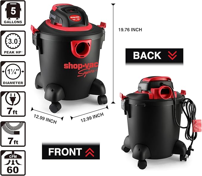 Shop-Vac 2035089 Wet/Dry Vacuum Cleaner, 5 Gallon, 3.0 Peak HP, 1.25 Inch Diameter x 7 Foot Hose, 7 Foot Cord, Ideal for Jobsite, Garage & Workshop