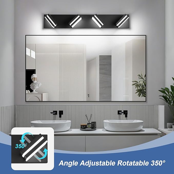 Modern LED Bathroom Lights Fixtures(4-Light),Metal Black Acrylic Wall Lighting,Vanity Lights for Bathroom Over Mirror(6000k 27In