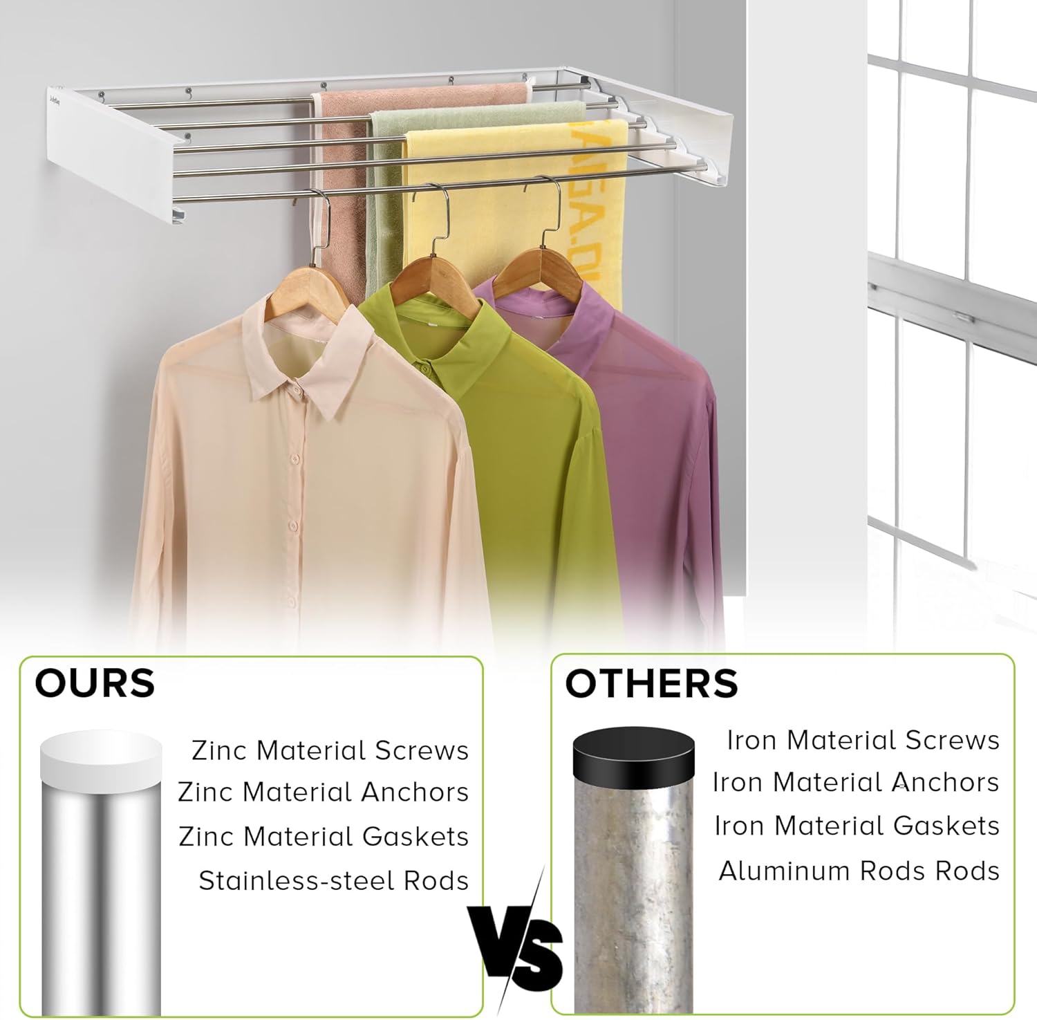 Wall Mounted Laundry Drying Rack, Retractable Clothes Drying Rack for Bathroom with Wall Template, 5 Stainless Rods Heaving 60 lb Capacity (White, 31.5")