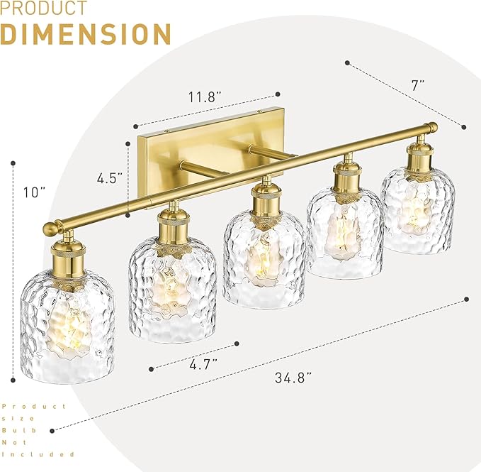 zeyu 34.8'' Gold Bathroom Wall Light, 5 Light Bathroom Vanity Light for Mirror Living Room, Brushed Gold Finish with Clear Hammered Glass, ZJF63B-5W BG