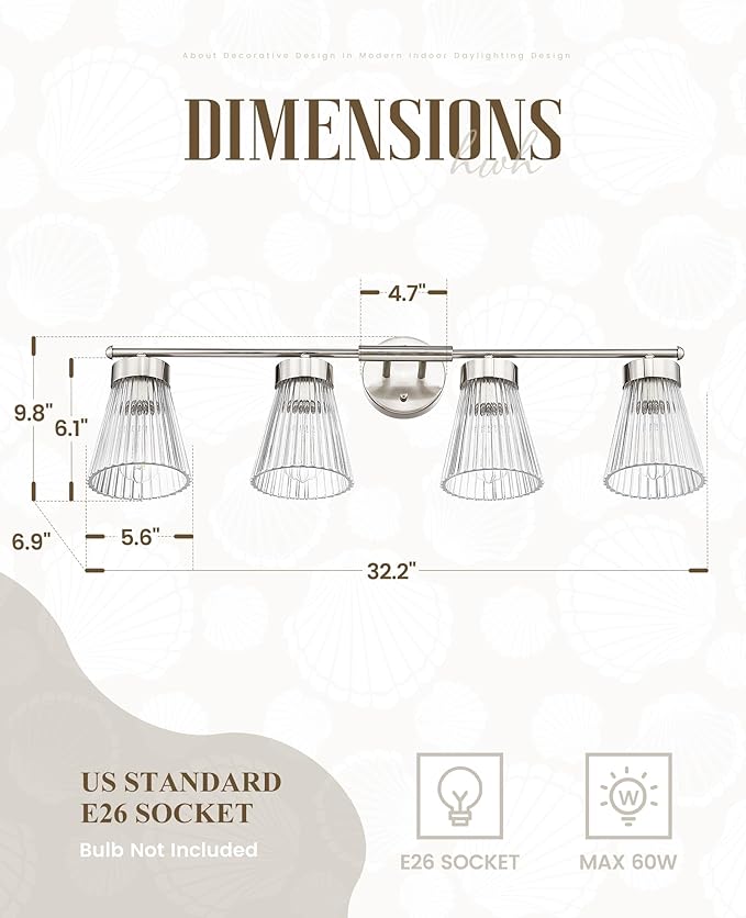 4-Light Bathroom Vanity Light Fixtures, HWH Brushed Nickel Bathroom Vanity Lighting Modern Vanity Light Over Mirror with Clear Striped Glass Shade, 5HZG97B-4W BN