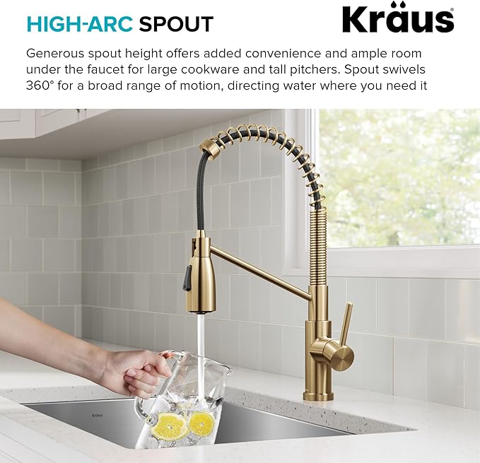KRAUS Coda Commercial Style 2-Function Single Handle Pull Down Kitchen Faucet in Spot-Free Brushed Brass, KPF-1617BB