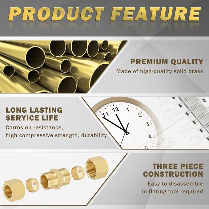 1/2 Inch Compression Fitting,10 Pcs Brass Compression Tube Pipe Fittings, 1/2" OD X 1/2" OD Compression Union Connectors & 10 Pcs Sleeves Ferrules (Pack of 20)
