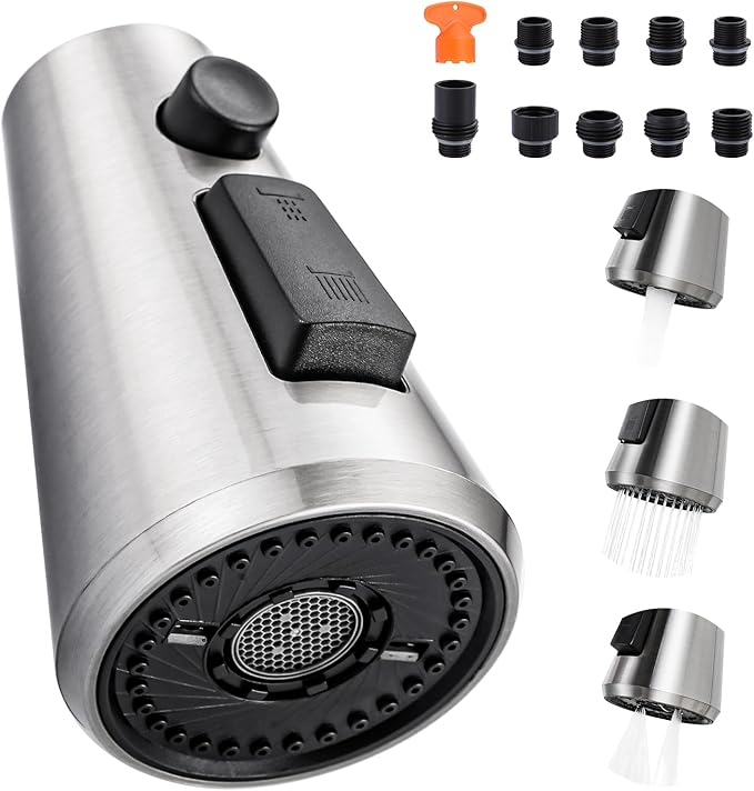 ALEASHA Pull Down Spray Head for Kitchen Faucet,3-Function Sink Spray Nozzle with 9 Adapters,Kitchen Faucet Head Replacement Compatible with Moen,American Standard Faucets,Brushed Nickel