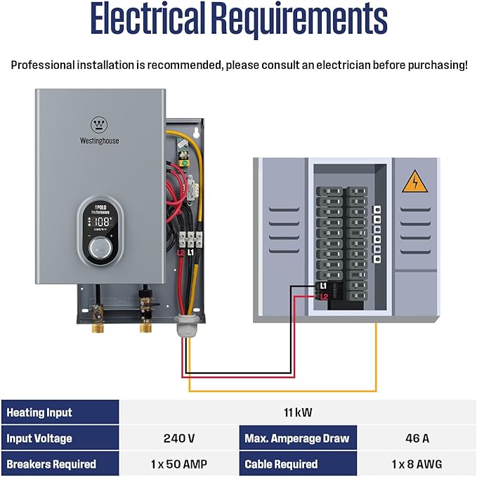 Westinghouse 11kW 240V Tankless Water Heater Electric, Up to 2.6 GPM Instant Hot Water Heater, 1-3 Point of Use Hot Water, Wi-Fi Enabled, APOLO-11k
