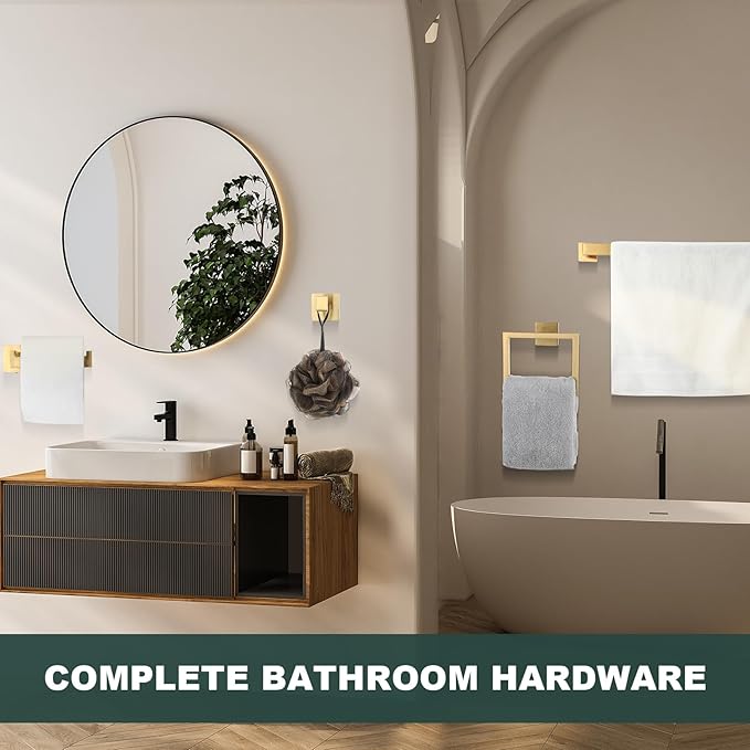 Gisafai 20 Pcs Bathroom Hardware Accessories Set 23.6 Inch Bath Towel Bar Kit Stainless Steel Bathroom Hardware Set Towel Racks Ring Hooks Paper Holder for Wall Mounted (Brushed Gold)