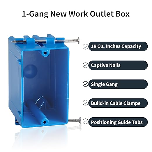 5-Pack Single Gang Electrical Box, New Work Box 1 Gang with Nail, 18 cu. in, Blue Switch & Outlet Wall PVC Electrical Junction Box for Residential Commercial Buildings Job Applications