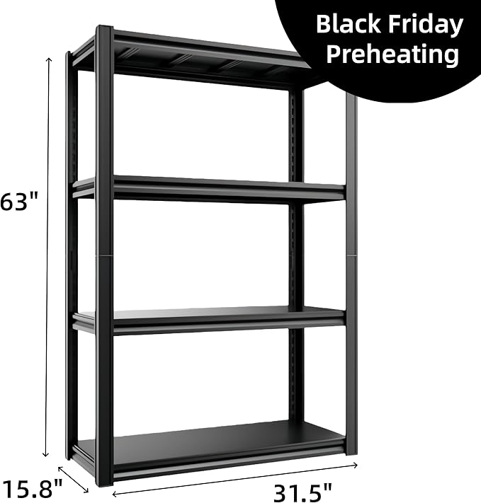 4-Tier 31.5" W x 15.8" D x 63" H Garage Shelving 2000LBS Storage Shelves Heavy Duty Metal Shelf Unit Adjustable Basement Industrial Storage Racks