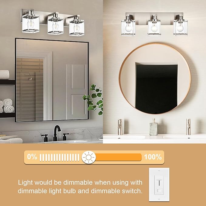 3-Lights Bathroom Wall Light Fixtures E26 Bulb Base, Brushed Nickel Vanity Lighting Fixtures Over Mirror with Clear Glass Shades for Living Room Hallway Kitchen