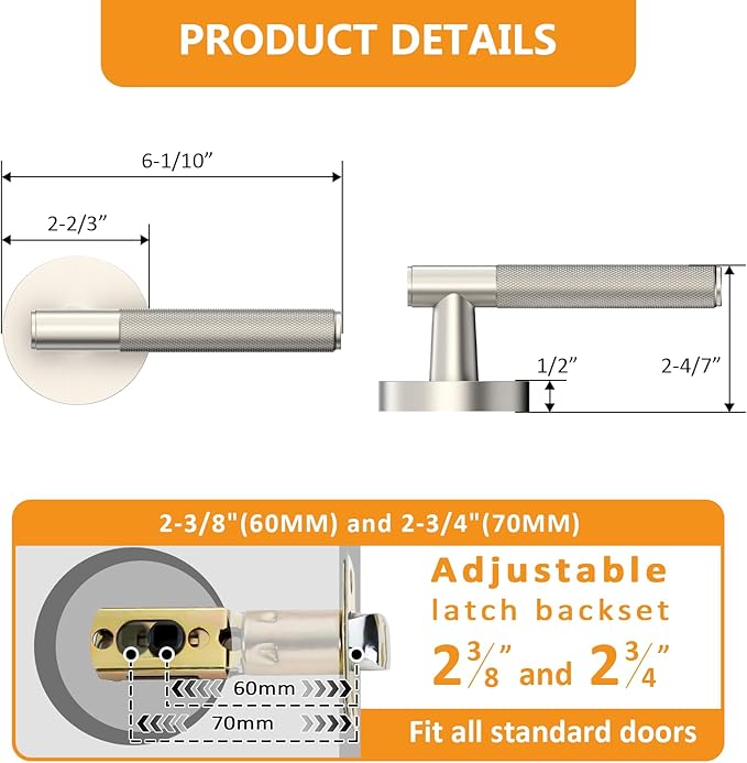 Amerdeco 3 Pack Brushed Satin Nickel Passage Knurled Door Handles, Heavy Duty Non-Locking Door Lever for Hall, Closet, Office Area, Shopping Malls AM0016
