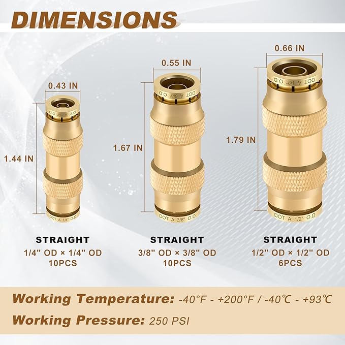 26pcs Quick Connect Brass DOT Air Line Fittings Straight Union 1/4” 3/8” 1/2” Tube Push to Connect Fittings Air Suspension Fittings Straight Air Brake Union Push Lock Pneumatic Air Hose Fitting